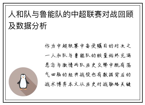 人和队与鲁能队的中超联赛对战回顾及数据分析